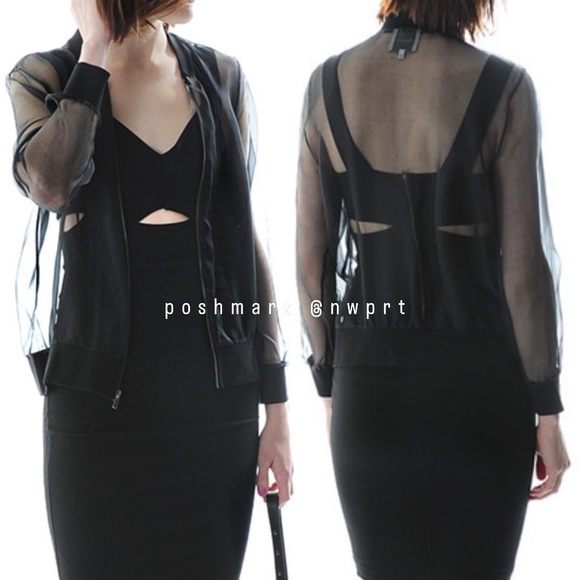 NOT FOR SALE 💔MICHELLE MASON Sheer Silk Organza Mesh Bomber Zip-Up Jacket Black - Picture 14 of 15